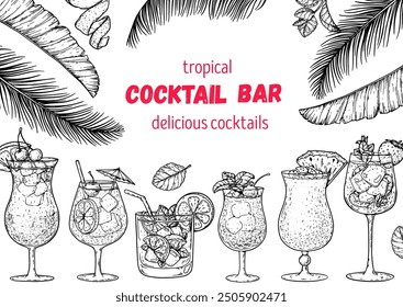 Alcoholic cocktails frame. Hand drawn vector illustration. Tropical Cocktails sketch set. Engraved style.