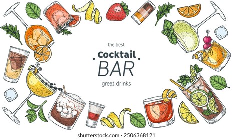 Alcoholic cocktails frame. Hand drawn vector illustration. Cocktails sketch set. Engraved style.