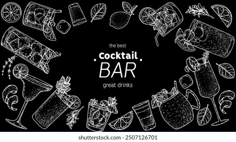 Alcoholic cocktails frame. Hand drawn vector illustration. Cocktails sketch set. Engraved style.