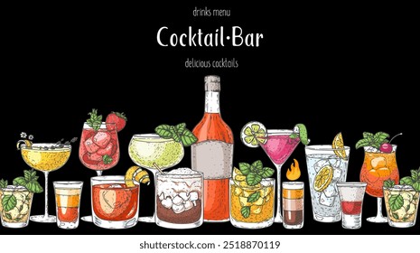 Alcoholic cocktails frame. Hand drawn vector illustration. Cocktails sketch set.