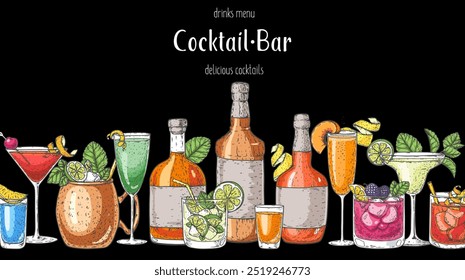 Alcoholic cocktails frame. Hand drawn vector illustration. Cocktails sketch set.