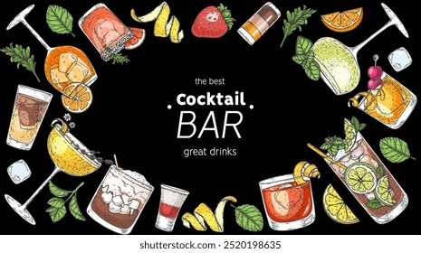 Alcoholic cocktails frame. Hand drawn vector illustration. Cocktails sketch set. Engraved style.