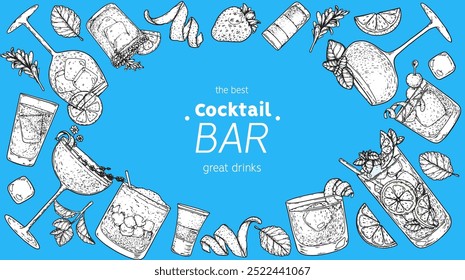 Alcoholic cocktails frame. Hand drawn vector illustration. Cocktails sketch set. Engraved style.