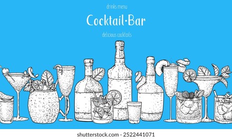 Alcoholic cocktails frame. Hand drawn vector illustration. Cocktails sketch set. Engraved style.