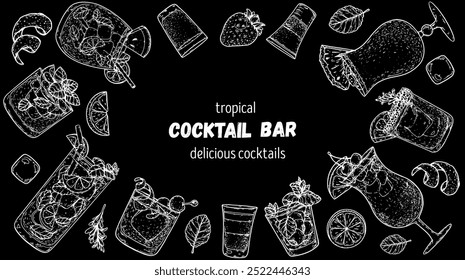 Alcoholic cocktails frame. Hand drawn vector illustration. Cocktails sketch set. Engraved style.