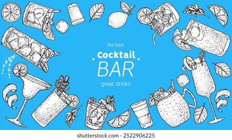 Alcoholic cocktails frame. Hand drawn vector illustration. Cocktails sketch set. Engraved style.