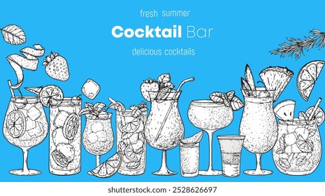 Alcoholic cocktails frame. Hand drawn vector illustration. Cocktails sketch set. Engraved style.