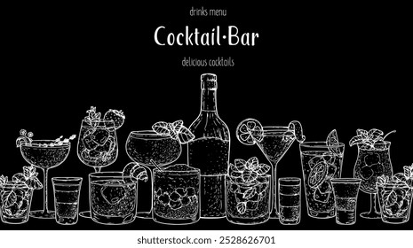 Alcoholic cocktails frame. Hand drawn vector illustration. Cocktails sketch set. Engraved style.