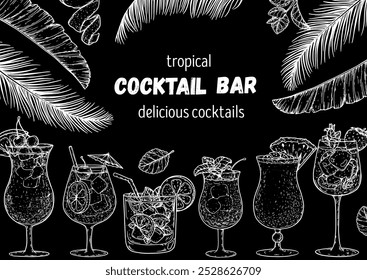 Alcoholic cocktails frame. Hand drawn vector illustration. Tropical Cocktails sketch set. Engraved style.
