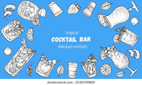 Alcoholic cocktails frame. Hand drawn vector illustration. Cocktails sketch set. Engraved style.