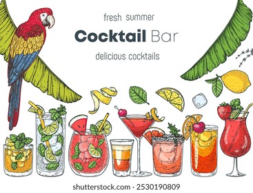 Alcoholic cocktails frame. Hand drawn vector illustration. Tropical Cocktails  set. 