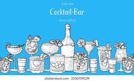 Alcoholic cocktails frame. Hand drawn vector illustration. Cocktails sketch set. Engraved style.