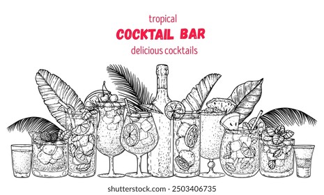 Alcoholic cocktails frame. Tropical cocktails. Hand drawn vector illustration. Cocktails sketch set. Engraved style.