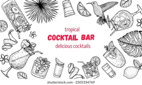 Alcoholic cocktails frame. Tropical cocktails. Hand drawn vector illustration. Cocktails sketch set. Engraved style.