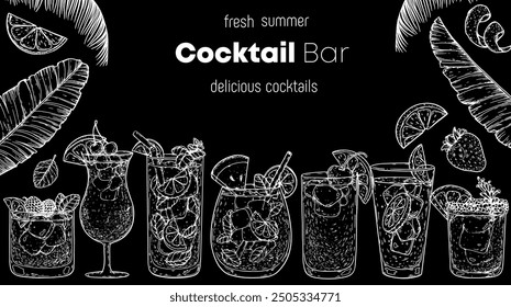 Alcoholic cocktails frame. Tropical cocktails. Hand drawn vector illustration. Cocktails sketch set. Engraved style.