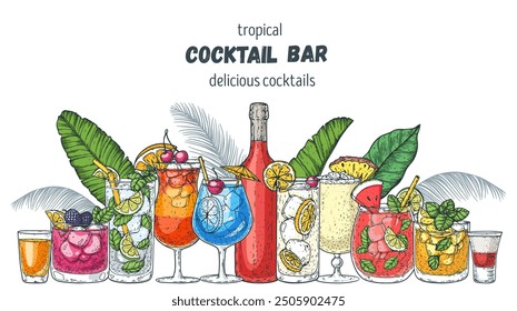 Alcoholic cocktails frame. Tropical cocktails. Hand drawn vector illustration. Cocktails sketch set. Engraved style.