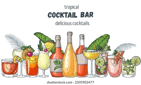 Alcoholic cocktails frame. Tropical cocktails. Hand drawn vector illustration. Cocktails sketch set. Engraved style.