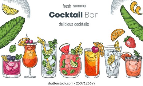 Alcoholic cocktails frame. Tropical cocktails. Hand drawn vector illustration. Cocktails sketch set. Engraved style.