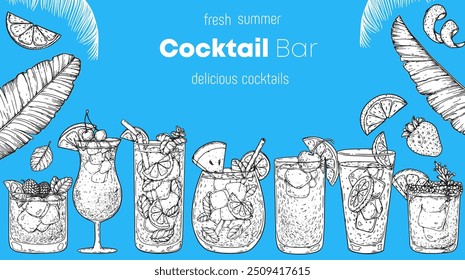 Alcoholic cocktails frame. Tropical cocktails. Hand drawn vector illustration. Cocktails sketch set. Engraved style.