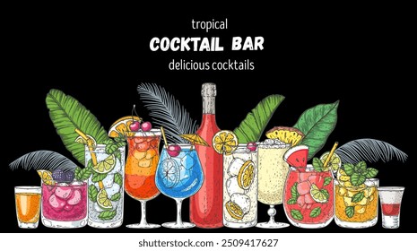 Marco de cócteles alcohólicos. Cócteles tropicales. Ilustración vectorial dibujada a mano. Conjunto de croquis de cócteles. Estilo grabado.