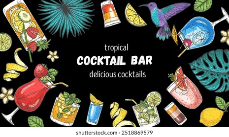 Alcoholic cocktails frame. Tropical cocktails. Hand drawn vector illustration. Cocktails sketch set. Engraved style.