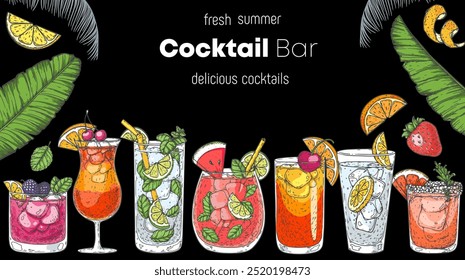 Alcoholic cocktails frame. Tropical cocktails. Hand drawn vector illustration. Cocktails sketch set. Engraved style.