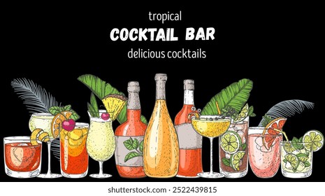 Alcoholic cocktails frame. Tropical cocktails. Hand drawn vector illustration. Cocktails sketch set. Engraved style.