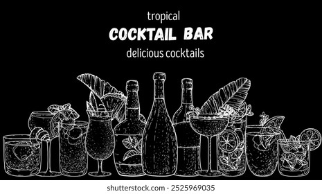 Alcoholic cocktails frame. Tropical cocktails. Hand drawn vector illustration. Cocktails sketch set. Engraved style.