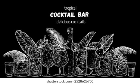 Alcoholic cocktails frame. Tropical cocktails. Hand drawn vector illustration. Cocktails sketch set. Engraved style.