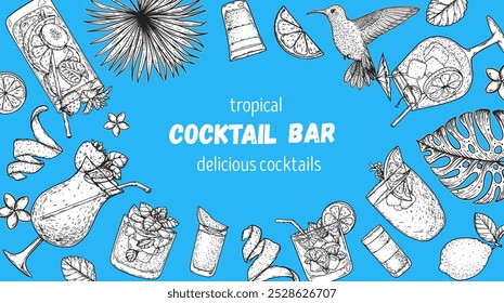 Alcoholic cocktails frame. Tropical cocktails. Hand drawn vector illustration. Cocktails sketch set. Engraved style.