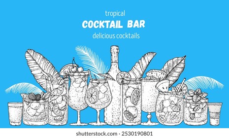 Alcoholic cocktails frame. Tropical cocktails. Hand drawn vector illustration. Cocktails sketch set. Engraved style.