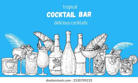 Alcoholic cocktails frame. Tropical cocktails. Hand drawn vector illustration. Cocktails sketch set. Engraved style.