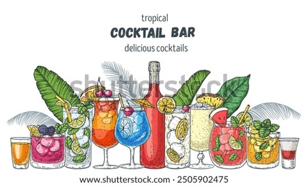 Alcoholic cocktails frame. Tropical cocktails. Hand drawn vector illustration. Cocktails sketch set. Engraved style.
