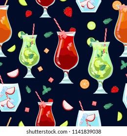 Alcoholic cocktails and fresh juicy fruits on a dark background. Seamless pattern - vector illustration. Printing in the menu, fabric, cover or wallpaper. Summer season