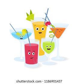 Alcoholic cocktails in glasses with funny smiling faces. Various drinks and beverages decorated with fruits and berries. Decorative composition. Bright colored vector illustration in cartoon style.