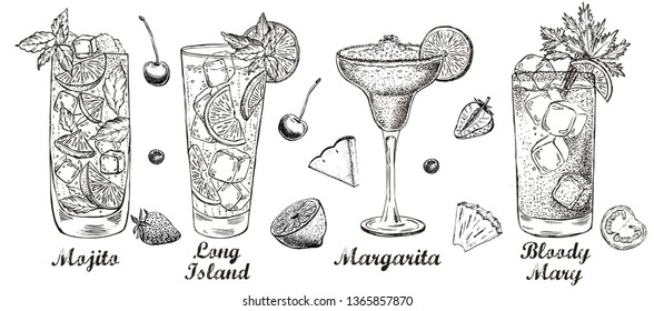 Alcoholic cocktails hand drawn.