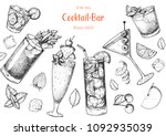 Alcoholic cocktails hand drawn vector illustration. Cocktails sketch set. Engraved style. Caipiroska, bloody mary, singapore sling, long island iced tea, martini, man tai.