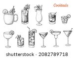 Alcoholic cocktails hand drawn vector illustration. Sketch set. Moscow mule, bloody mary, pina colada, old fashioned, caipiroska, daiquiri, mint julep, long island iced tea, manhattan, margarita
