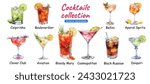 Alcoholic cocktails hand drawn vector illustration. Sketch set. Moscow mule, bloody mary, pina colada, mojito, margarita, daiquiri, Mimosa, long island iced tea, Bellini, margarita.