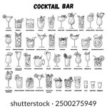 Alcoholic cocktails hand drawn vector illustration. Sketch set. Cognac, brandy, vodka, tequila, whiskey, champagne, wine margarita cocktails Bottle and glass