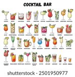 Alcoholic cocktails hand drawn vector illustration. Sketch set. Cognac, brandy, vodka, tequila, whiskey, champagne, wine margarita cocktails Bottle and glass