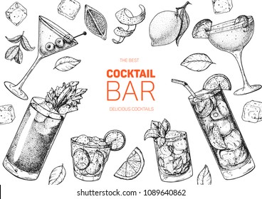 Alcoholic cocktails hand drawn vector illustration. Cocktails sketch set. Engraved style.