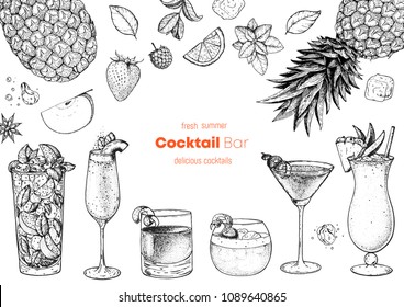 Alcoholic cocktails hand drawn vector illustration. Cocktails sketch set. Engraved style.