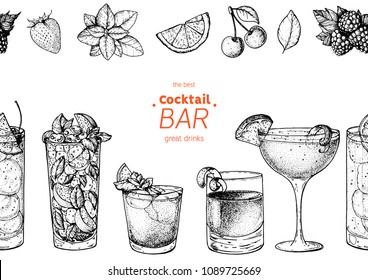 Alcoholic cocktails hand drawn vector illustration. Cocktails sketch set. Engraved style.
