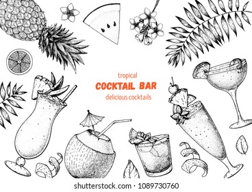 Alcoholic cocktails hand drawn vector illustration. Cocktails sketch set. Engraved style. Pina colada, sidecar, singapore sling and man tai.