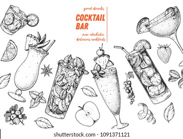 Alcoholic cocktails hand drawn vector illustration. Cocktails sketch set. Engraved style.  Pina colada, mojito, singapore sling, long island iced tea, sidecar.