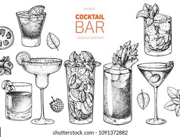 Alcoholic cocktails hand drawn vector illustration. Cocktails sketch set. Engraved style.  Negroni, margarita, mojito, bloody mary, manhattan, mint julep.