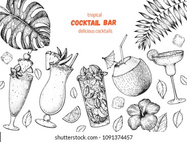 Alcoholic cocktails hand drawn vector illustration. Cocktails sketch set. Engraved style. Tropical collection. Singapore sling, pina colada, mojito, coconut cocktail, margarita.