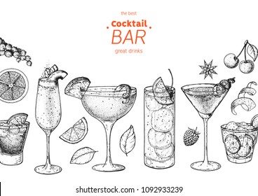 Alcoholic cocktails hand drawn vector illustration. Cocktails sketch set. Engraved style. Bellini, sidecar, tom collins, martini, negroni, caipiroska.