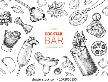 Alcoholic cocktails hand drawn vector illustration. Cocktails sketch set. Engraved style. Bar menu sketch elements. Negroni, bellini, margarita, bloody mary, caipiroska.